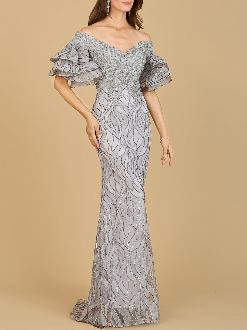 Off Shoulder Mermaid Beaded Gown with Tiered Sleeves