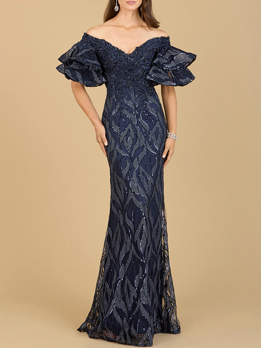 Off Shoulder Mermaid Beaded Gown with Tiered Sleeves