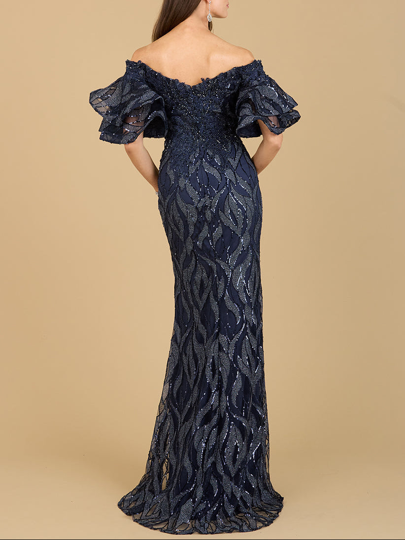 Off Shoulder Mermaid Beaded Gown with Tiered Sleeves