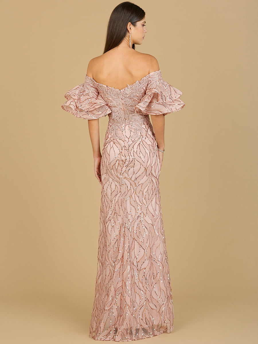 Off Shoulder Mermaid Beaded Gown with Tiered Sleeves