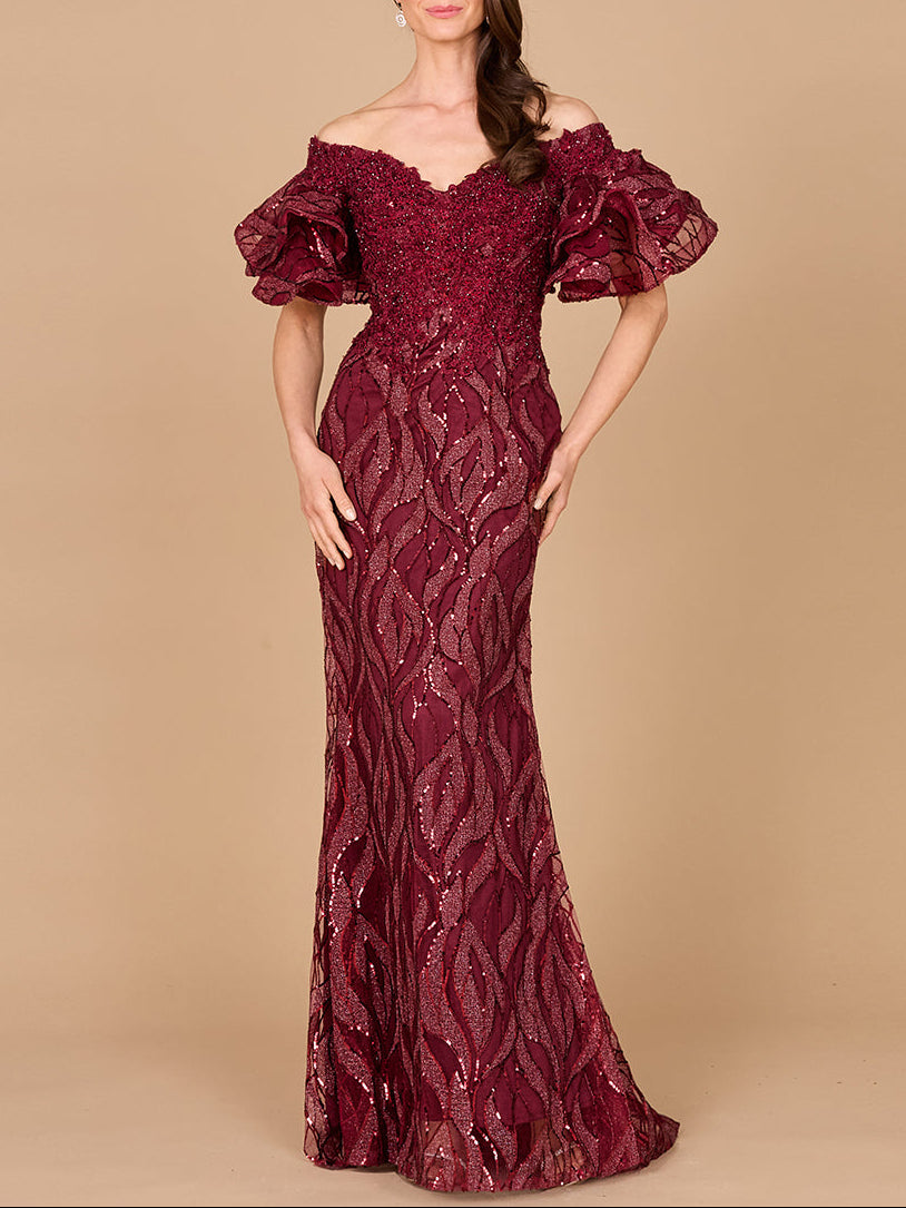 Off Shoulder Mermaid Beaded Gown with Tiered Sleeves