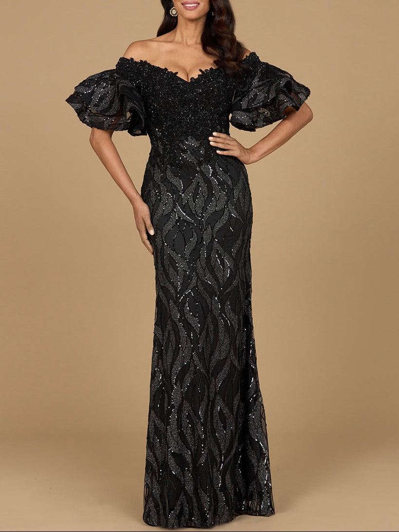 Off Shoulder Mermaid Beaded Gown with Tiered Sleeves