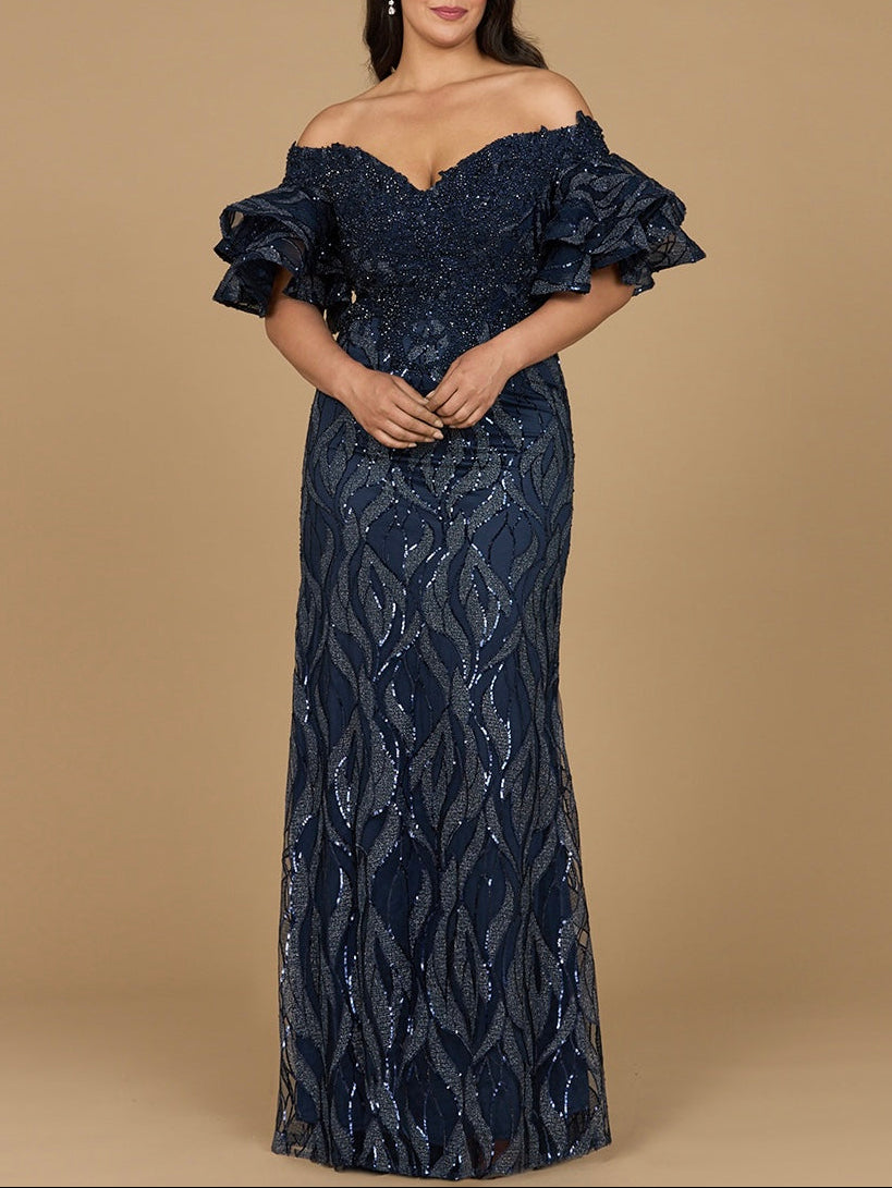 Off Shoulder Mermaid Beaded Gown with Tiered Sleeves