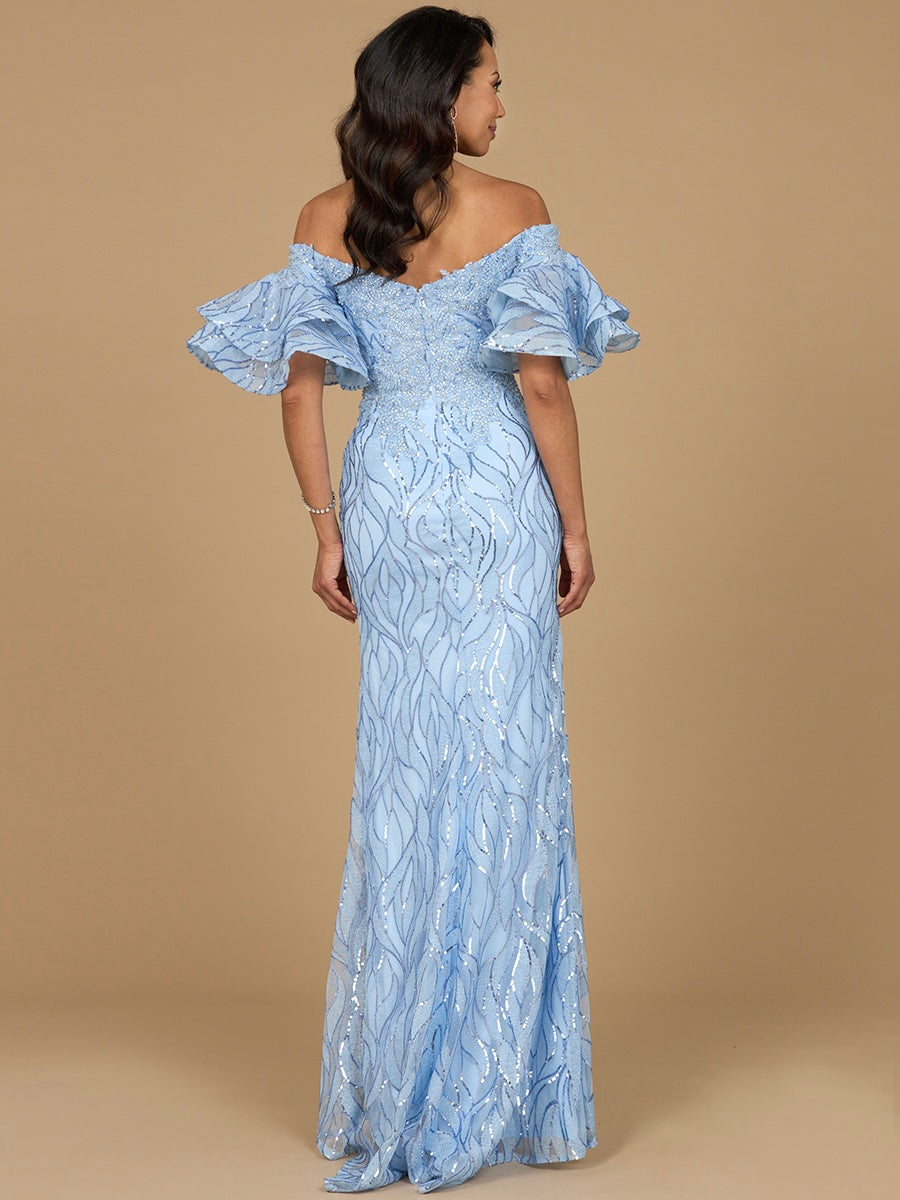 Off Shoulder Mermaid Beaded Gown with Tiered Sleeves